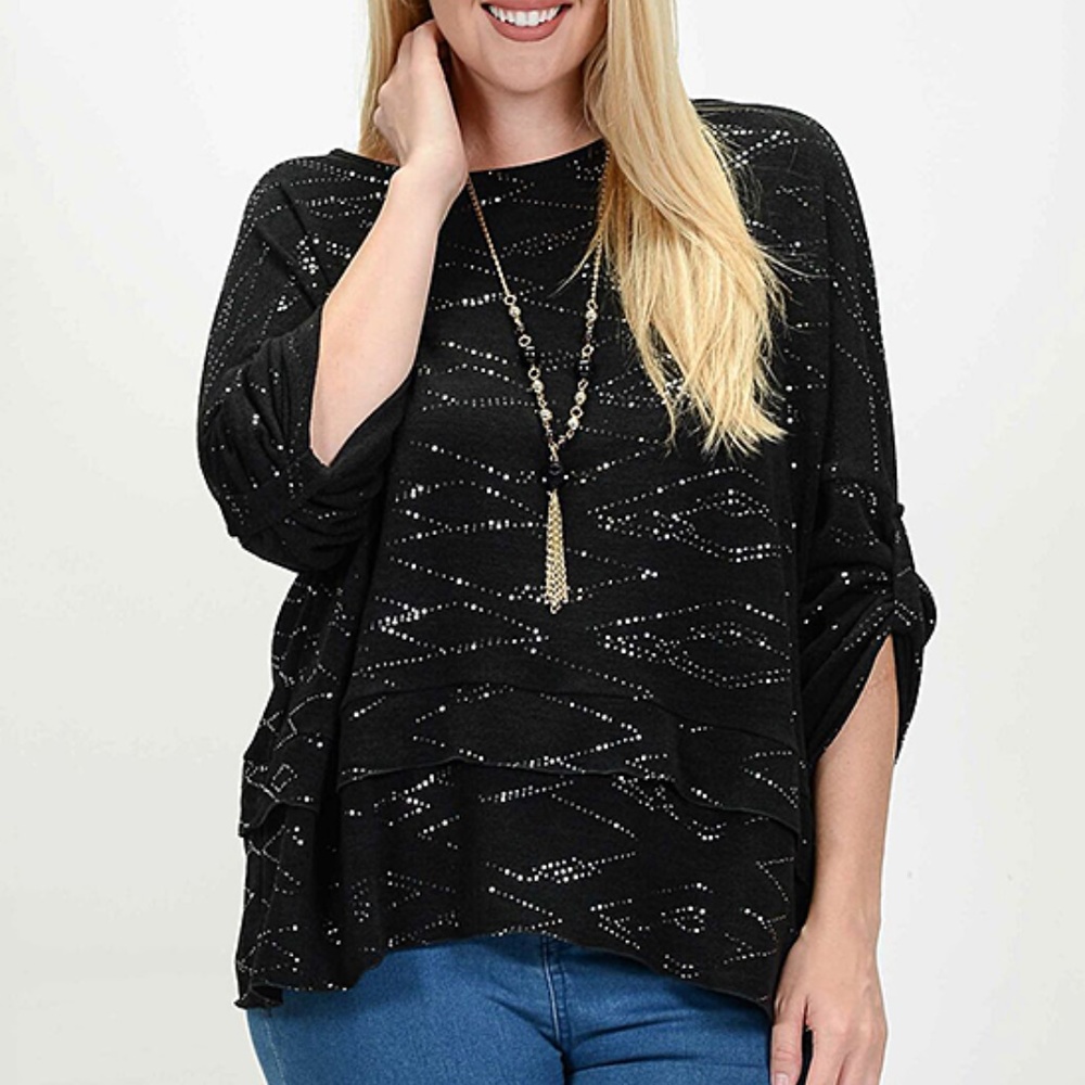 Black Embellished, Roll-Tab Sweater, Sz 3X, NWT